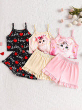 6pcs/Set Summer Children's Spaghetti Strap Ruffled Shorts Set, Girls' 3D Cute Cat & Heart Print Three-Piece Outfit
